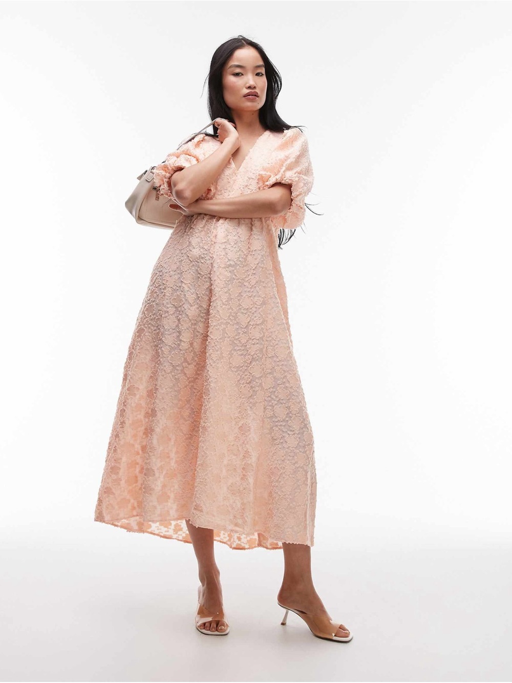 & Other Stories Peach Lace Maxi Dress with Puff Sleeves